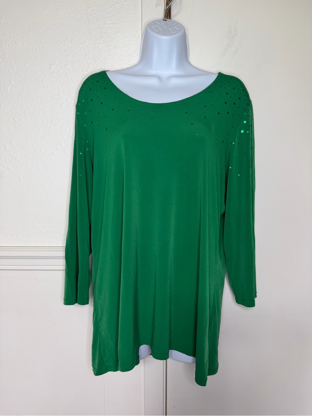 Susan Graver Emerald Green Sequin Shoulder Tunic Top size M